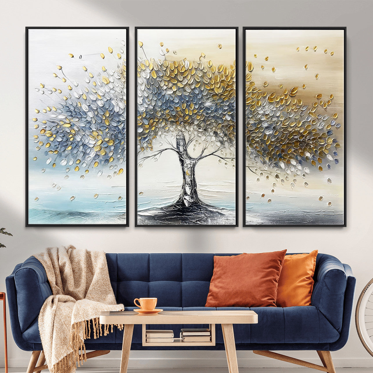 MGV-FC-48X32-3P - Golden & Silver Tree of Life Wall Art – Canvas Print with Whimsical Leaves Elegant Nature Design, Decorative Home, Office or Guest Room Decor