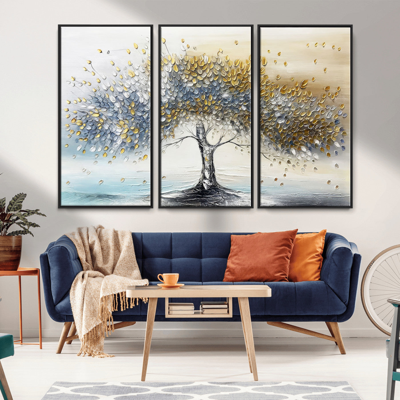 An elegant impasto painting featuring a tree with shimmering silver and gold leaves, blending soft pastels to create a calm and sophisticated atmosphere.