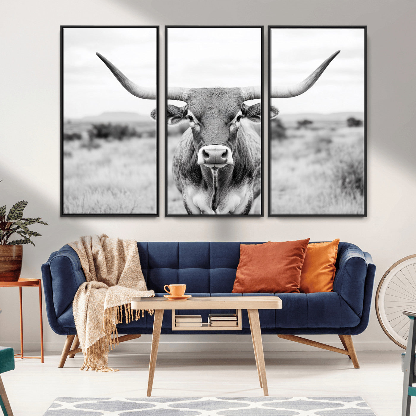 MGV-FC-48X32-3P - Highland Cow Wall Art Print - Black and White Texas Western Longhorn Canvas - Farmhouse Decor Print