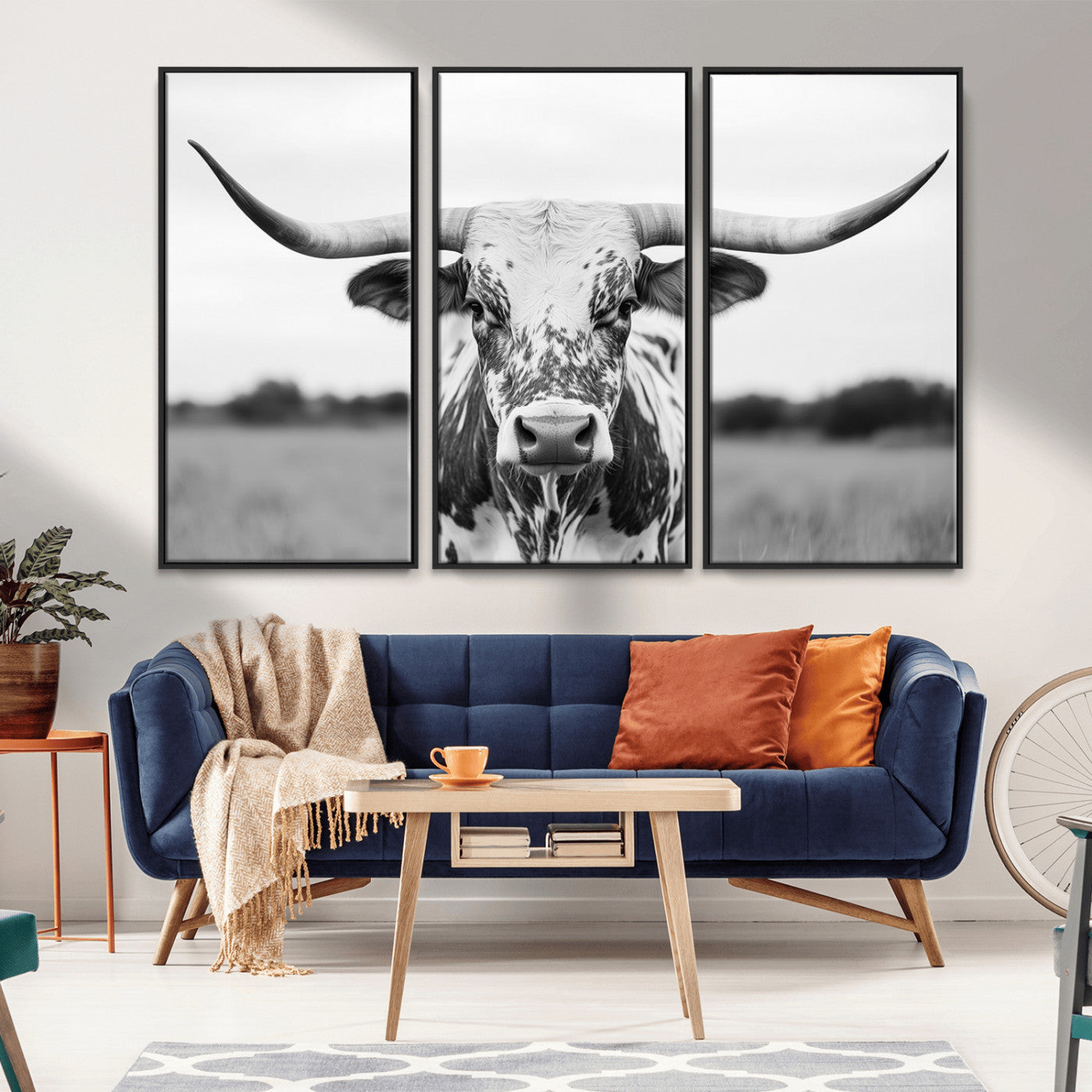 MGV-FC-48X32-3P - Highland Cow Wall Art - Black and White Western Longhorn Canvas Print - Farmhouse Living Room Decor