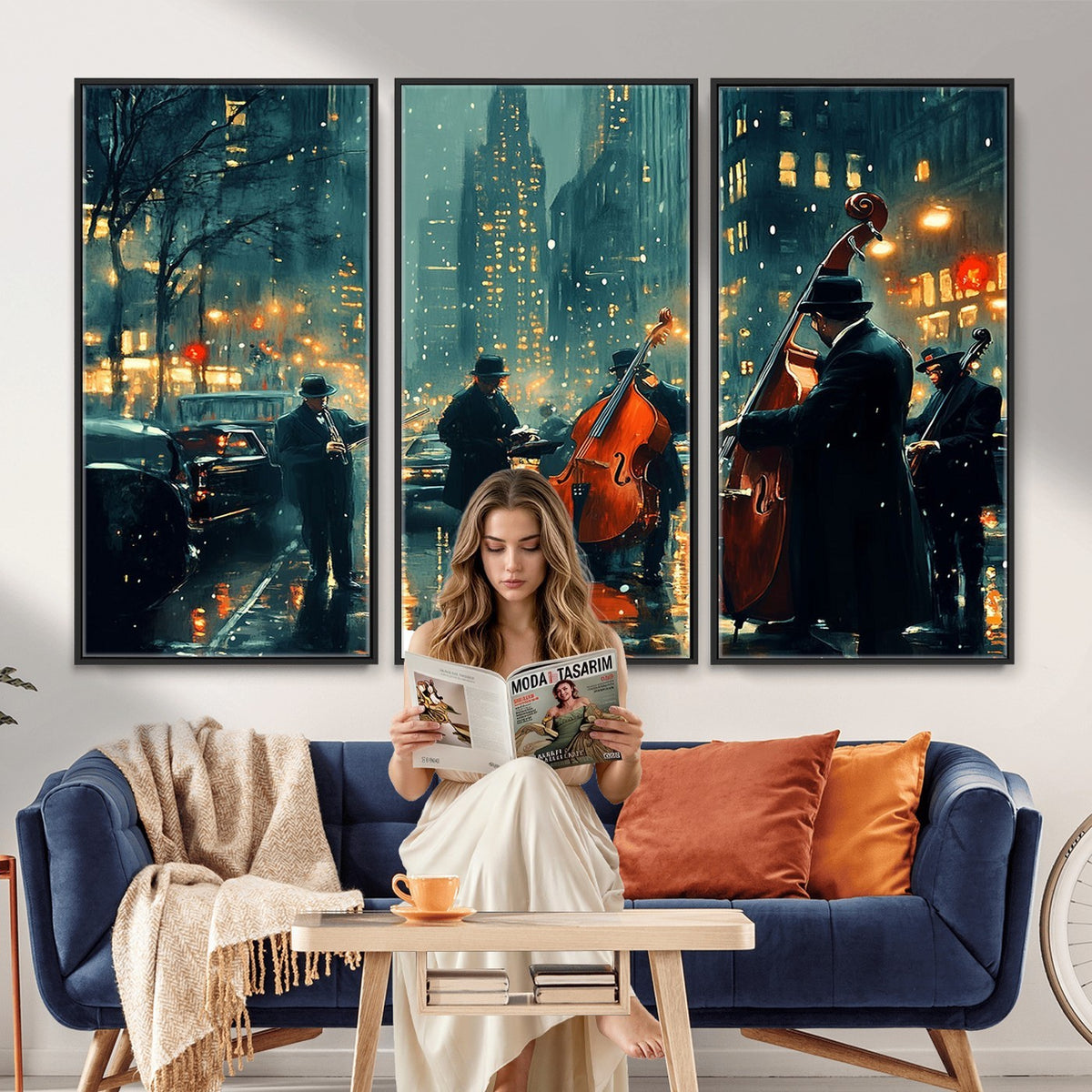 53391-MGV-CV-24X16 - Urban Night Jazz Wall Art Canvas Print | Moody Rain Soaked City Street Band Scene
