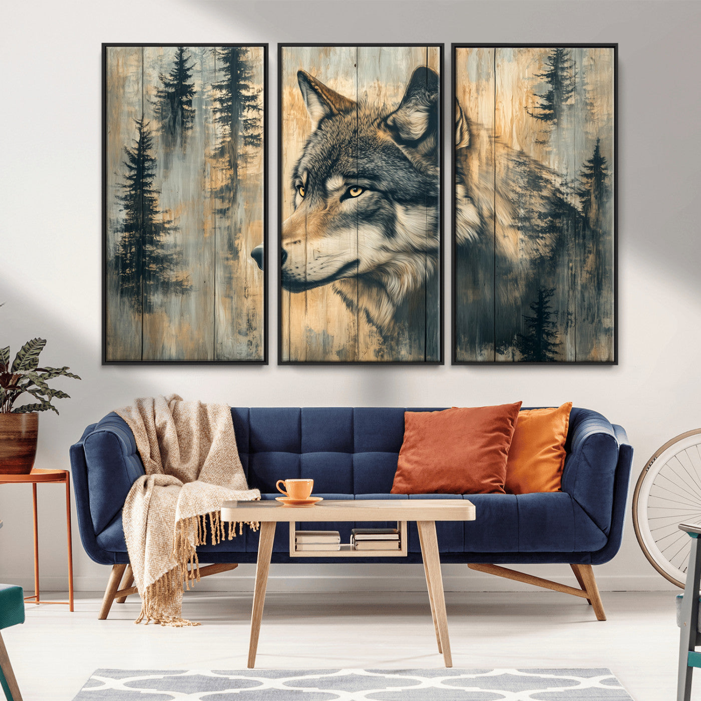 MGV-FC-48X32-3P - Wood Style Rustic Wolf Wall Art Canvas Print, Vintage Woodland Wolf Wall Art, Framed Wood Style Wolf