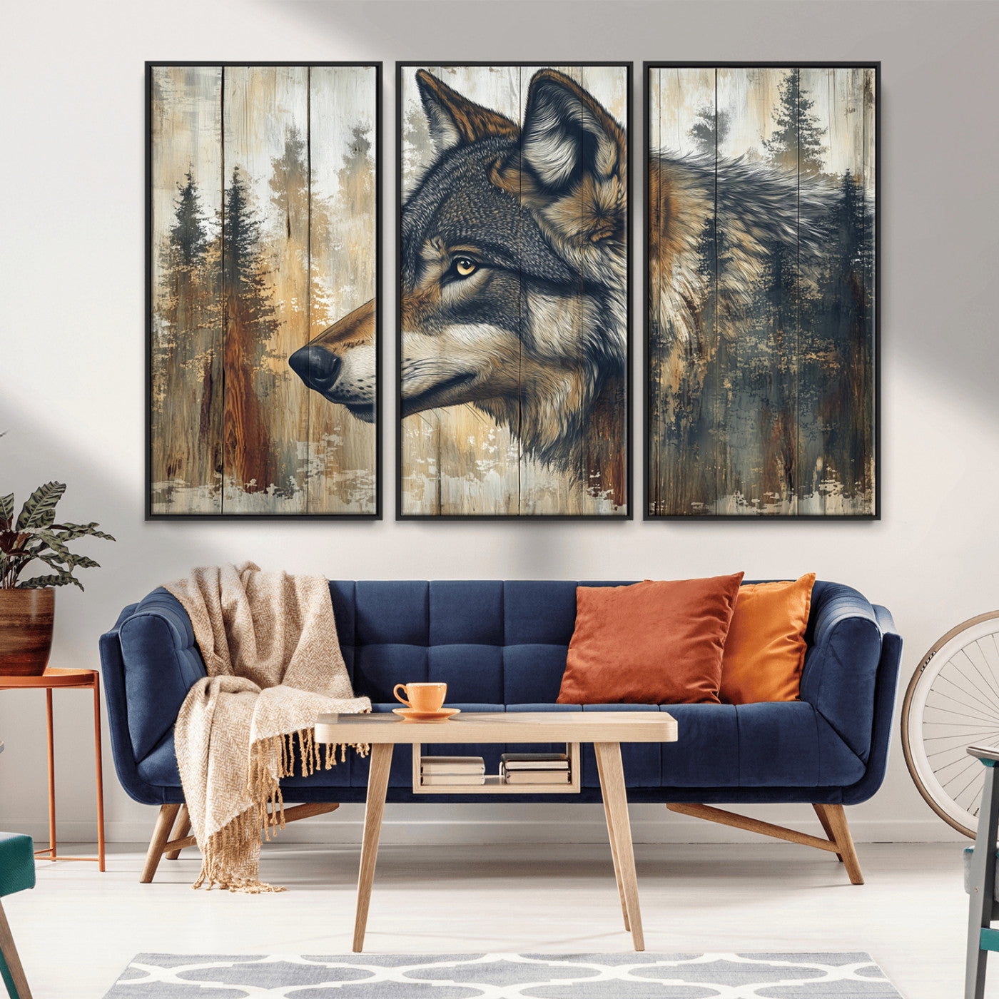 MGV-FC-48X32-3P - Rustic Wolf Wall Art Canvas Print, Vintage Woodland Wolf Wall Art