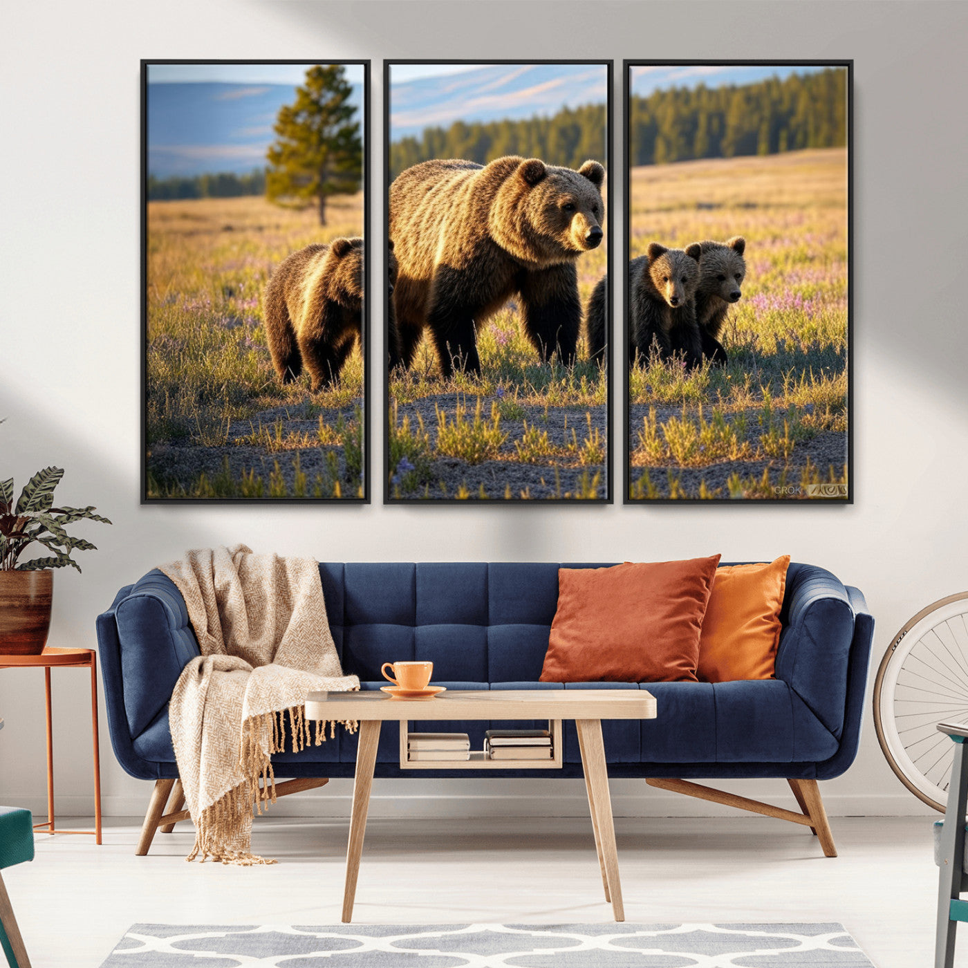 MGV-FC-48X32-3P - Grizzly 399 in Wild Flowers Wall Art Canvas Print, Grizzly Bears Wall Art, Queen of Grand Teton
