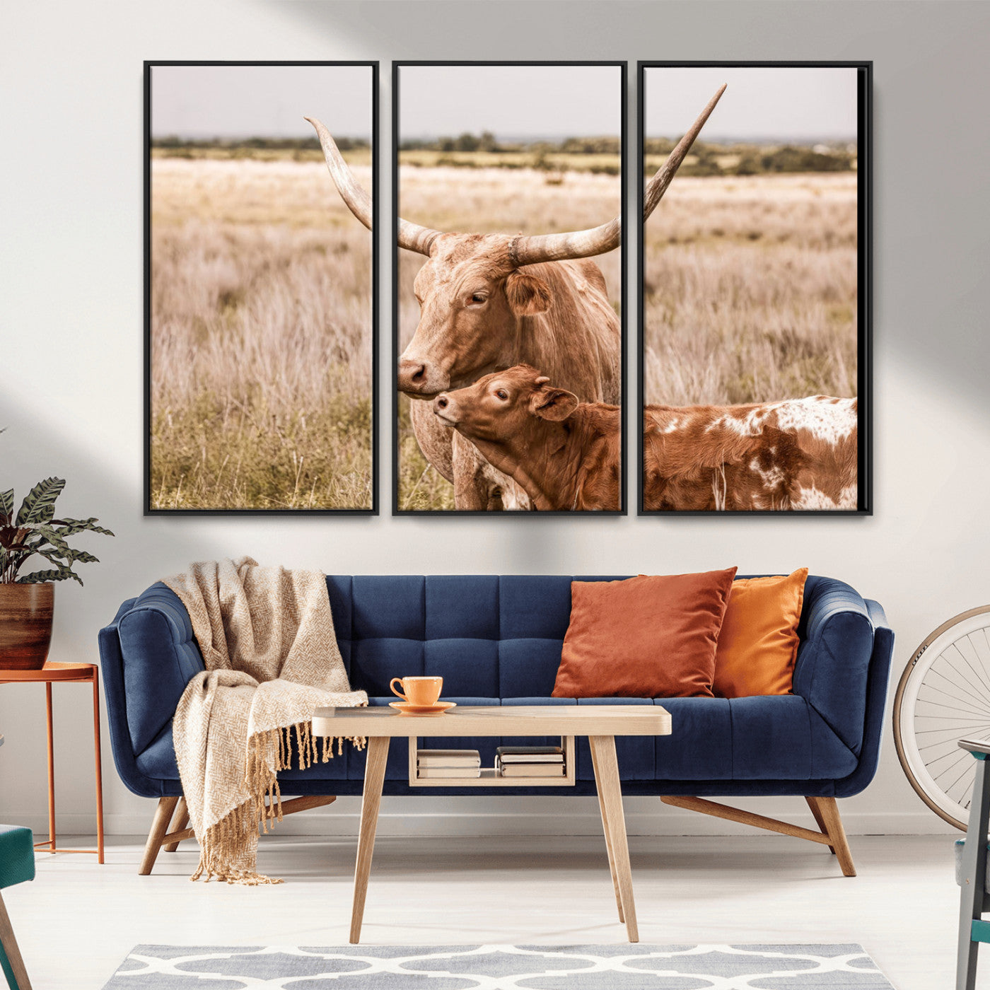 MGV-FC-48X32-3P - Texas Longhorn Cow Wall Art Canvas Print for Farmhouse Wall Art, Texas Decor, Western Wall Art Print