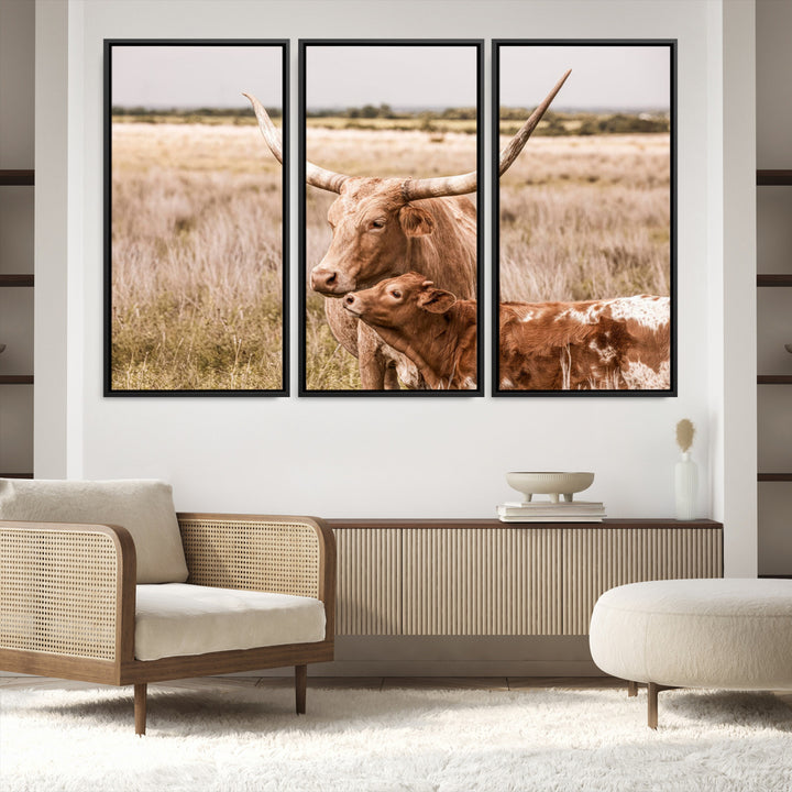 60320-MGV-FC-60X40-3P_Black-Texas Longhorn Cow Wall Art Canvas Print for Farmhouse Wall Art, Texas Decor, Western Wall Art Print