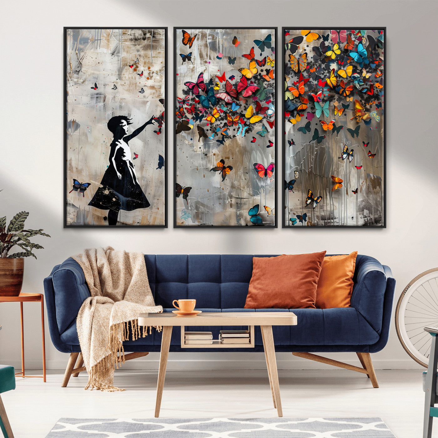 MGV-FC-48X32-3P - Framed Banksy Butterfly Girl Wall Art ,3-Piece Butterfly Girl Canvas, Modern Graffiti Canvas Print