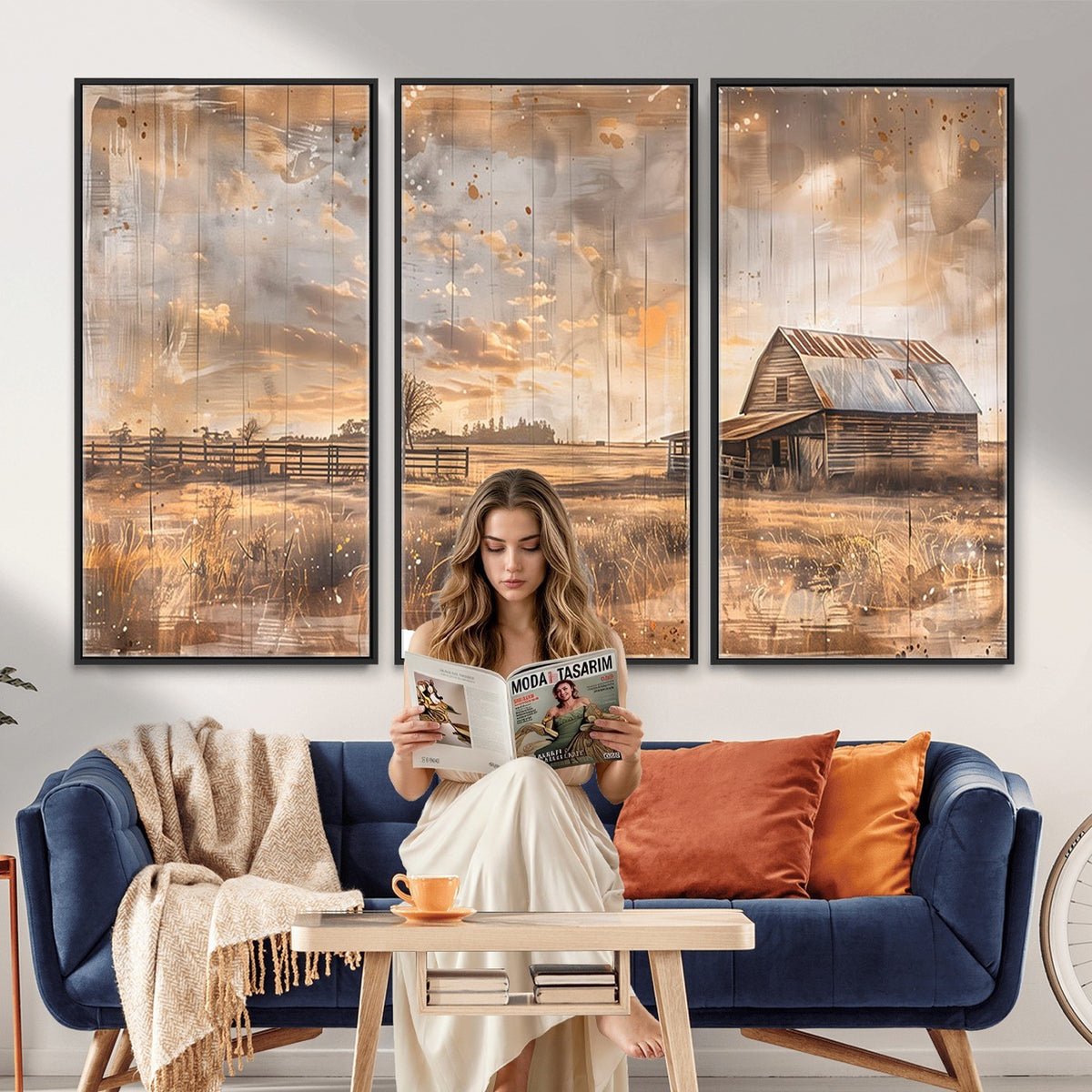 FARM2-MGV-CV-24X16 - Rustic Farmhouse Wall Art Canvas Print | Barn and Field Vintage Country Landscape