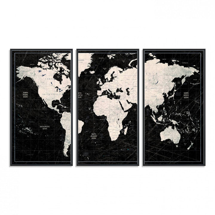 A bold global style framed black and white world map canvas print, presented in three panels, perfect for modern home or office decor.