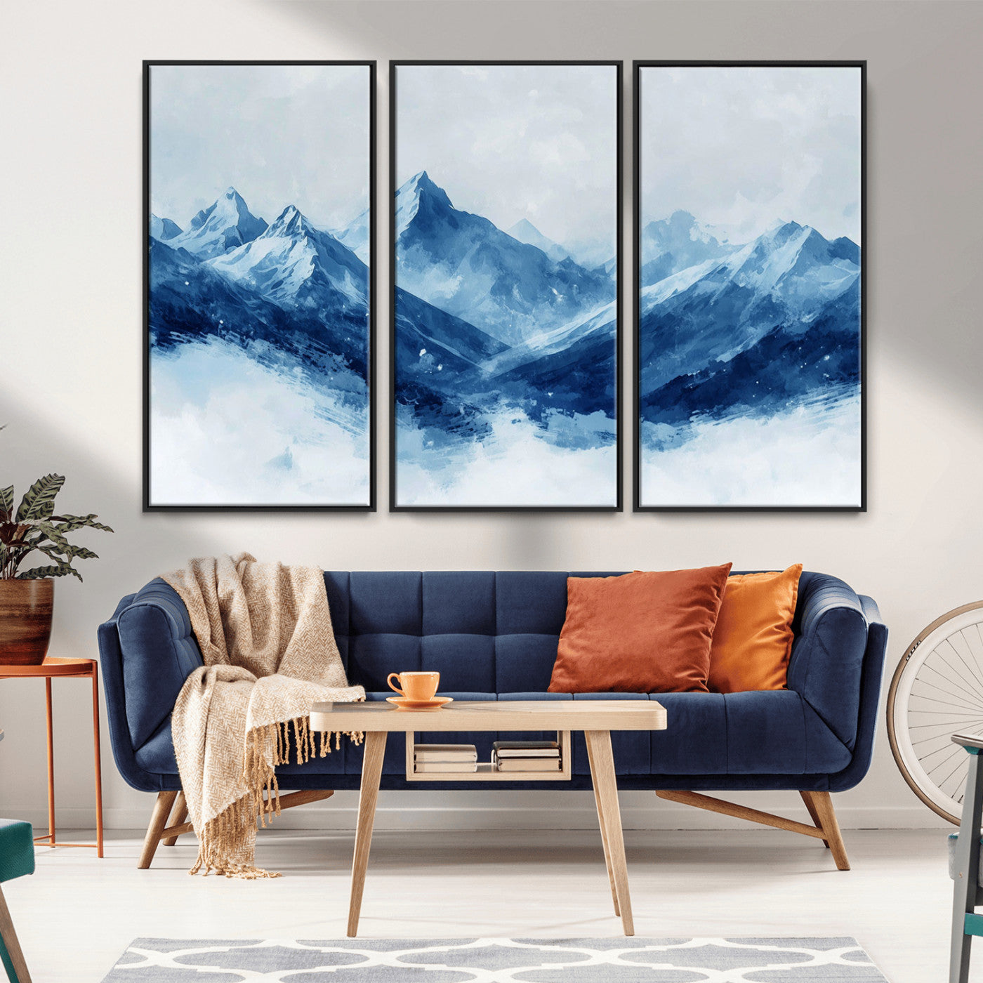 Peaceful watercolor-style painting of snowy blue mountains in soft tones, perfect for winter-themed or minimalist wall decor.