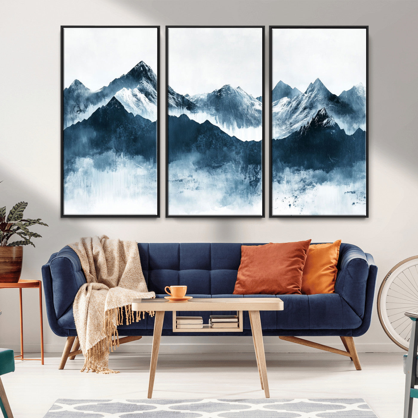 Abstract blue-toned canvas of snowy mountains in misty tones, ideal for minimalist or moody alpine-inspired home decor.