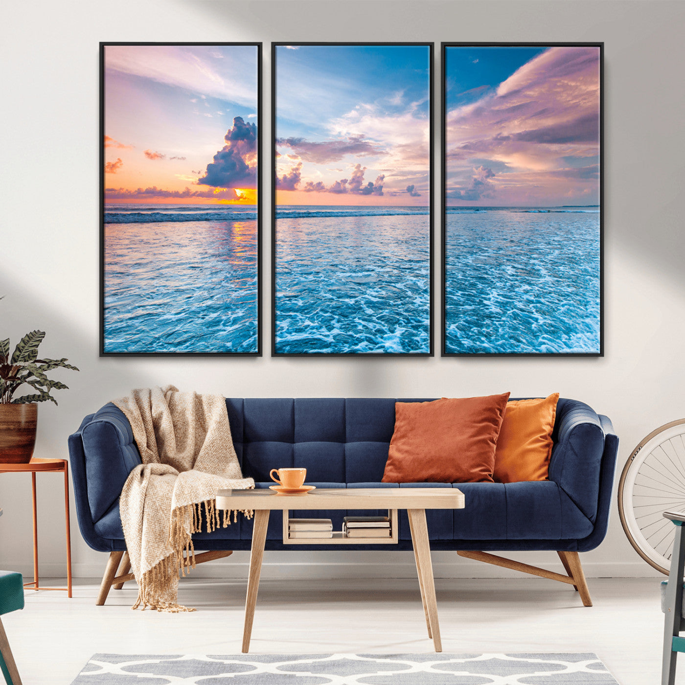 36641-MGV-FC-48X32-3P_Black-Ocean Sunset Canvas Wall Art Print - Tranquil Seascape with Vibrant Sky and Rolling Waves Canvas Print - Coastal Wall Decor for Home or