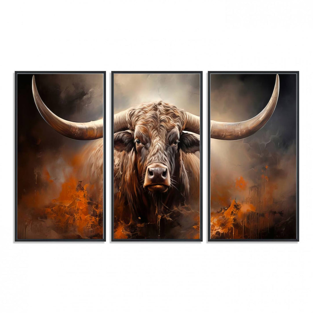 A Highland Bull with striking horns is depicted in a fiery abstract style on a ready-to-hang wall art canvas, evoking strength.