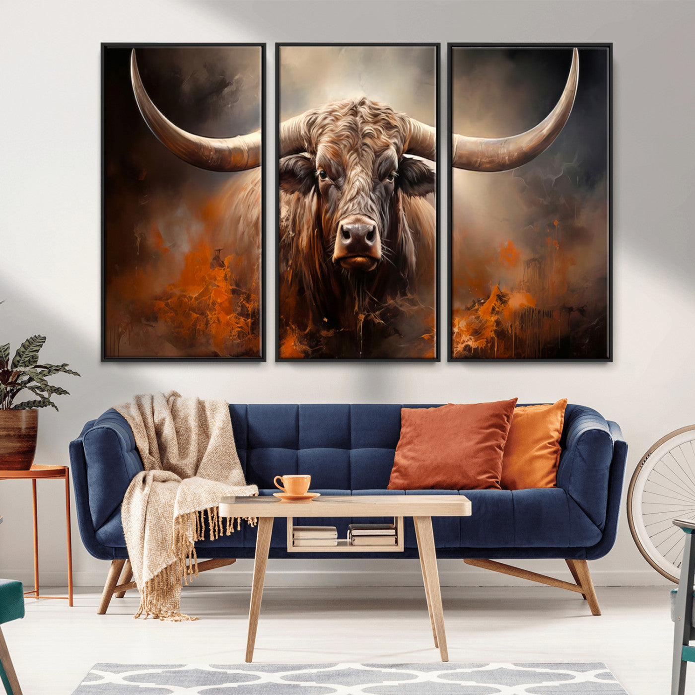 MGV-FC-48X32-3P - Highland Bull Canvas Abstract Canvas Wall Art Print – Powerful Highland Bull with Striking Horns in