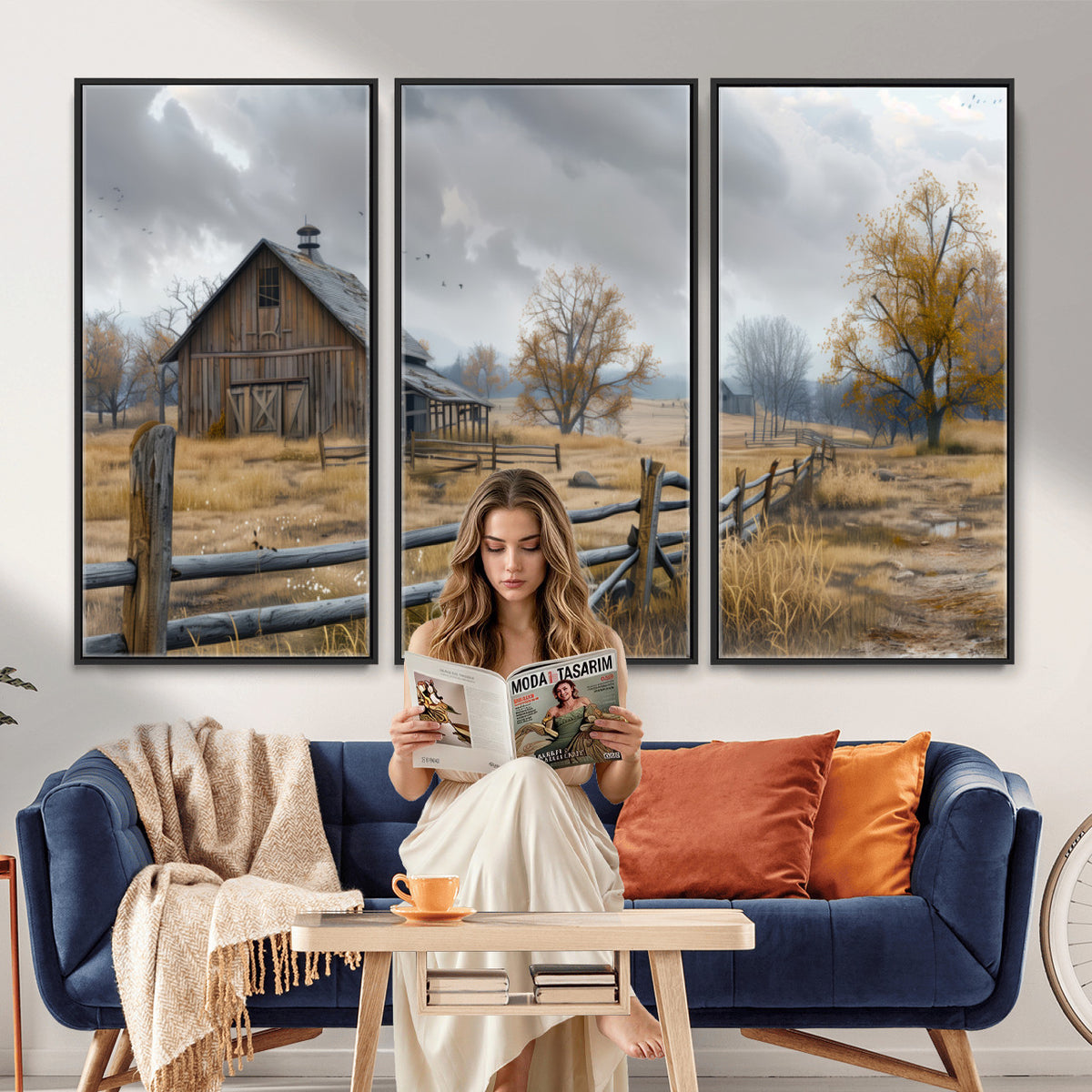 Farm1-MGV-CV-36X24 - Rustic Autumn Farmhouse Wall Art Canvas Print | Serene Countryside with Weathered Barn
