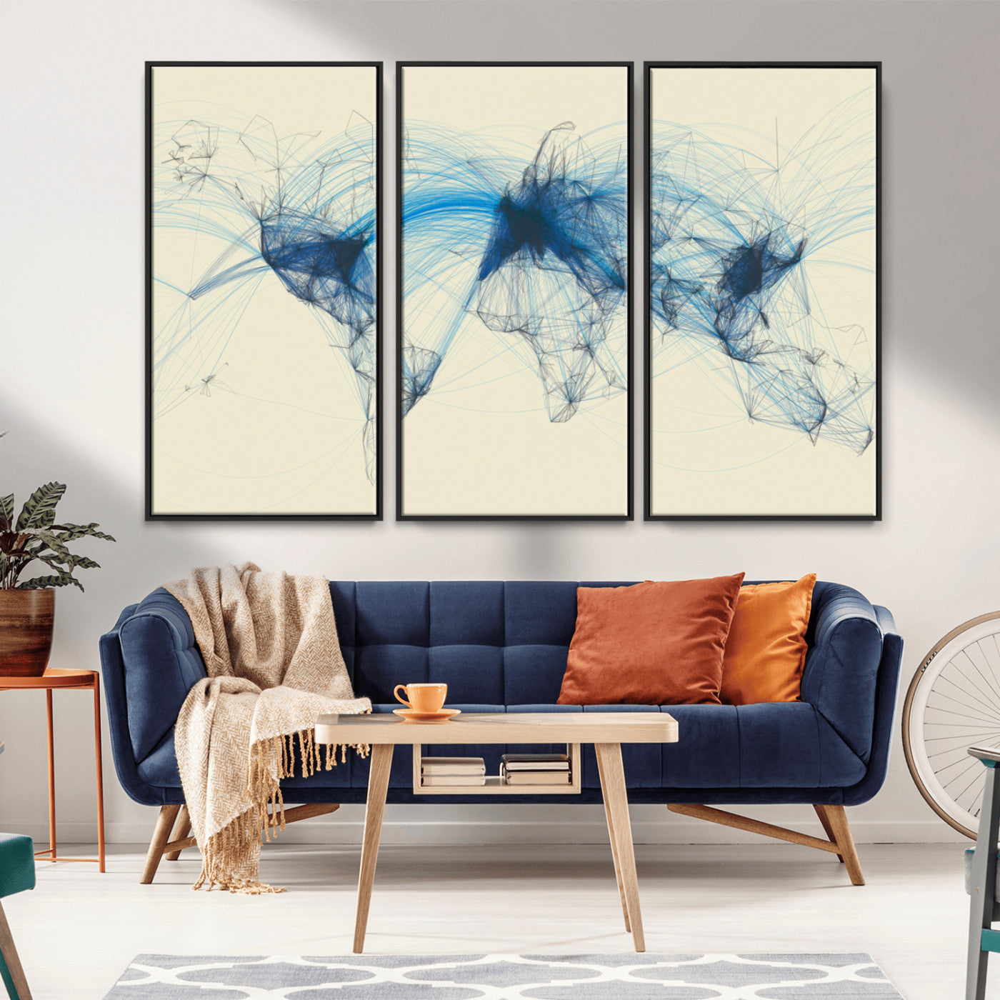 MGV-FC-48X32-3P - Flight Routes Map art Air Traffic Avi World Map with Blue Connections Canvas Wall Art – Modern