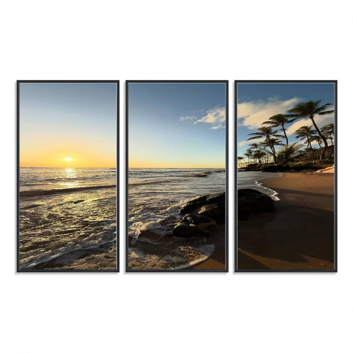 A serene tropical sunset on canvas, featuring palms and waves, serves as perfect Tropical Beach Wall Art for home or office decor.