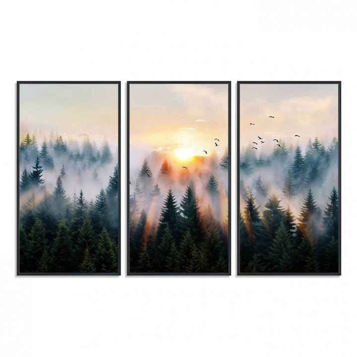 Sunrise over a misty forest with rays filtering through trees in the Abstract Forest Wall Art featuring soaring birds.
