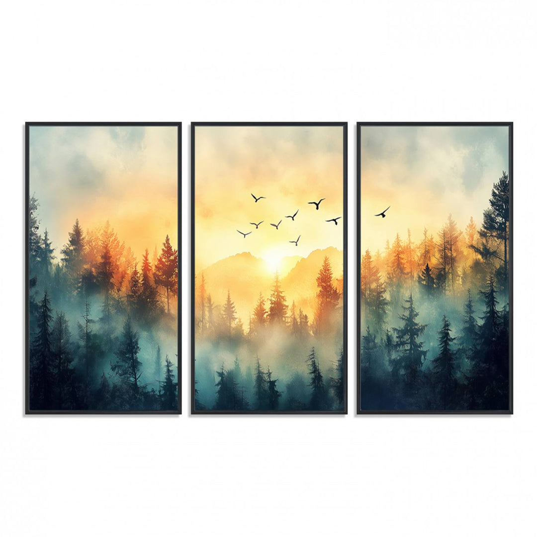 FRSABS2-MGV-FC-48X32-3P_Black-Abstract Forest Wall Art Print- Serene Nature Canvas Print with Misty Forest Design for Modern Home or Office Decor