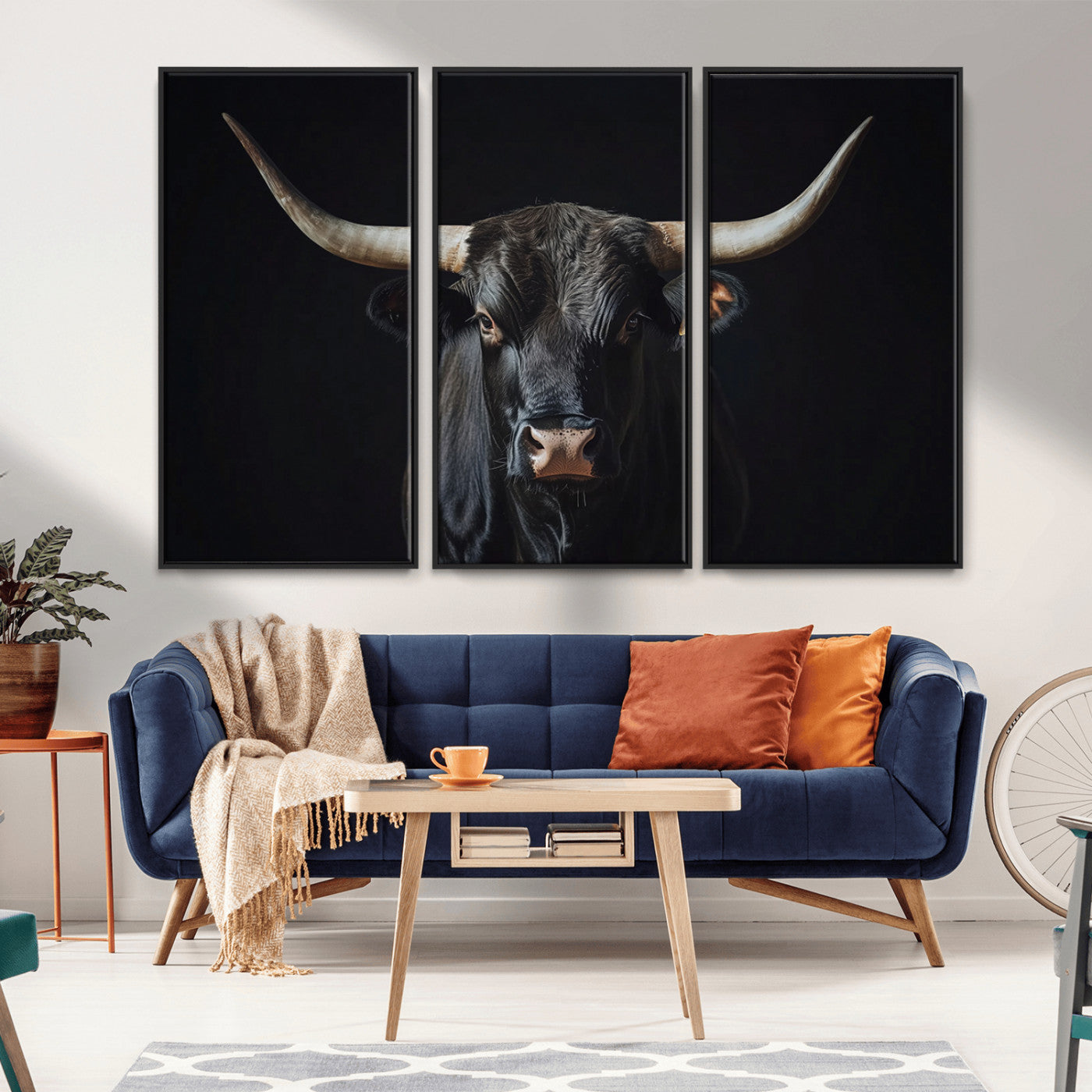 Canvas of a black longhorn bull against a dark background, featuring moody tones and western character for rustic or cowboy-inspired spaces.
