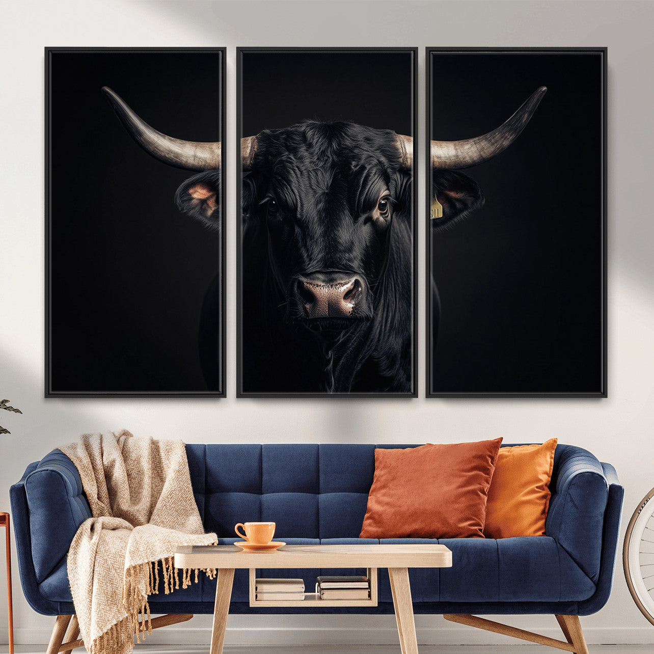 MGV-FC-48X32-3P - Black Bull Wall Art – Framed Horned Bull Canvas Artwork, Western Cattle Design, Rustic Ranch Style Decor for Home, Office