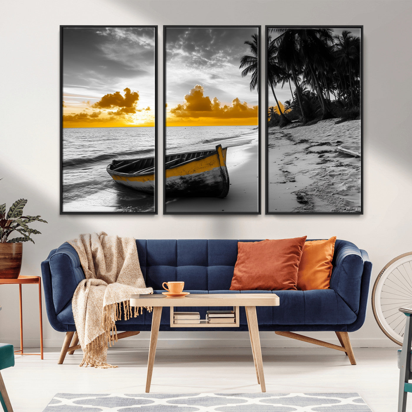 Canvas of a yellow rowboat on a black and white tropical beach with golden sunset sky, ideal for coastal or tropical-themed home decor.