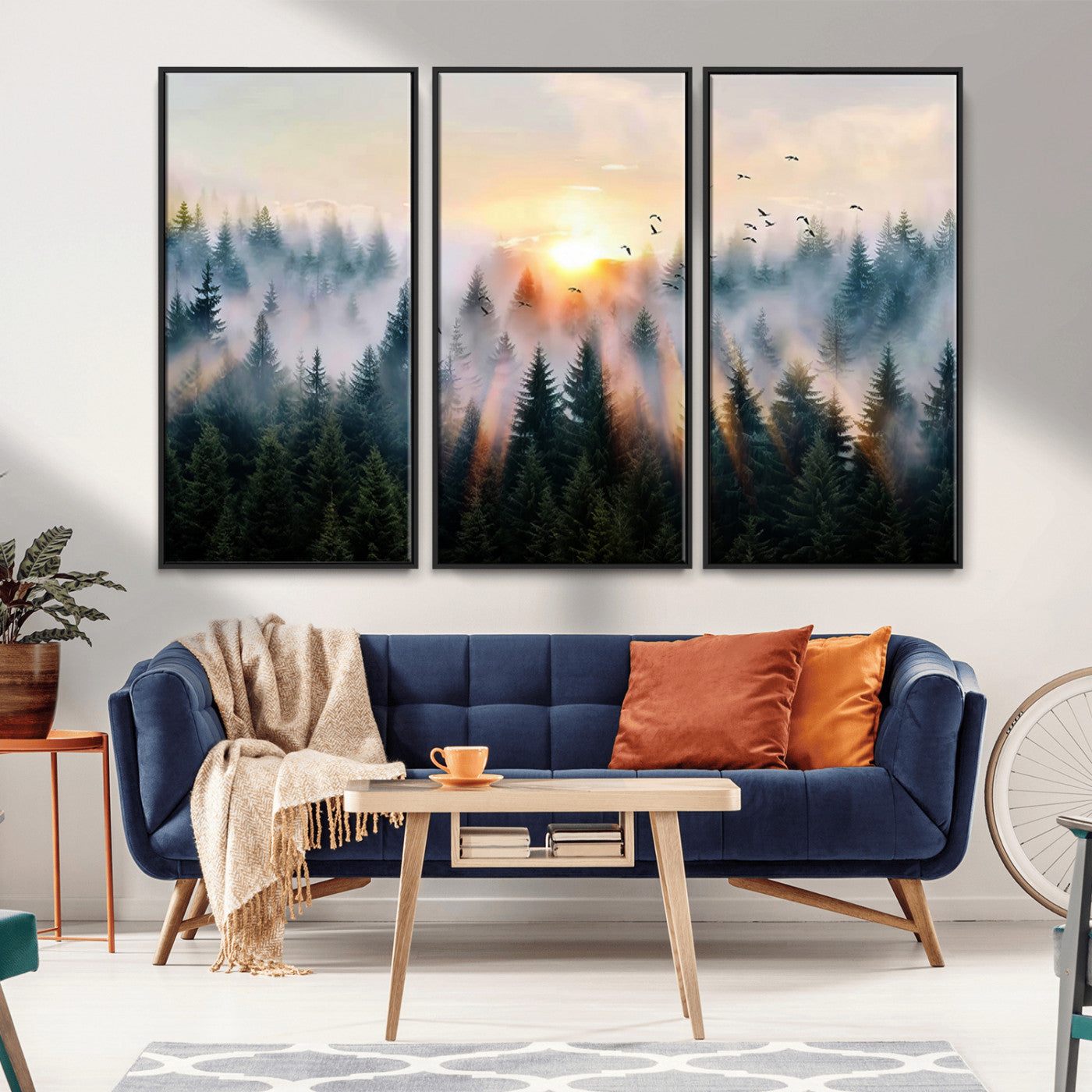 Canvas of a misty pine forest at sunrise with birds flying through golden morning rays, perfect for serene and moody woodland-style home decor.