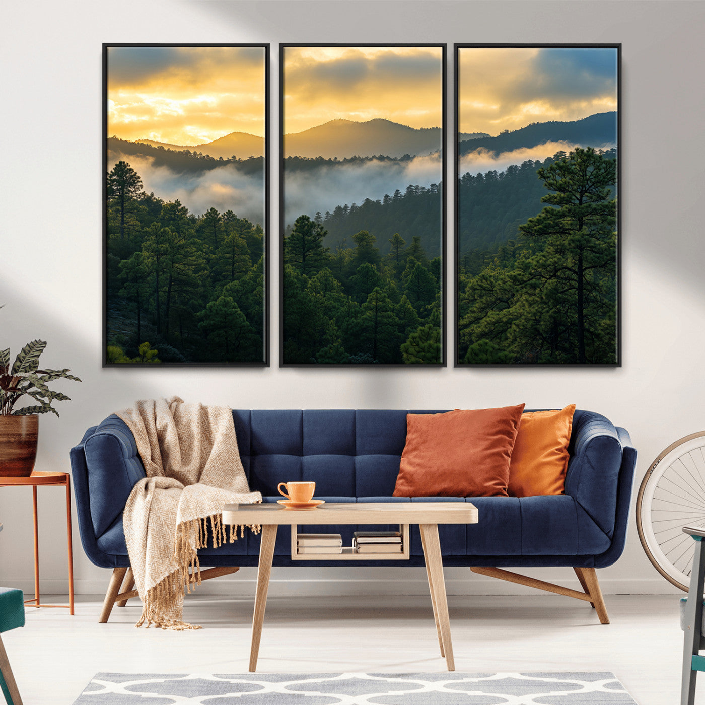 Canvas of misty pine-covered mountains at sunrise, featuring golden light and fog layers, ideal for tranquil earthy home decor.