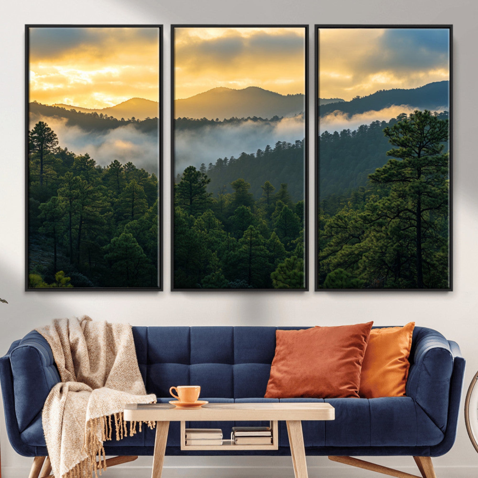 Canvas of misty pine-covered mountains at sunrise, featuring golden light and fog layers, ideal for tranquil earthy home decor.