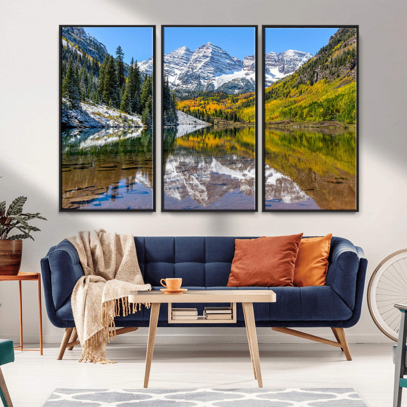 Canvas of Maroon Bells reflected in a clear alpine lake, with golden aspens and snowy peaks, ideal for crisp autumn or mountain-themed decor.
