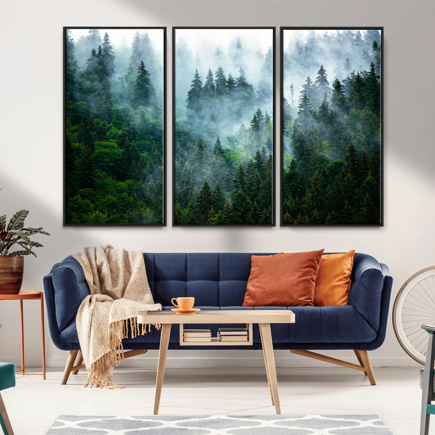 A captivating view of a dense pine forest blanketed in drifting fog, evoking a mystical and tranquil atmosphere.