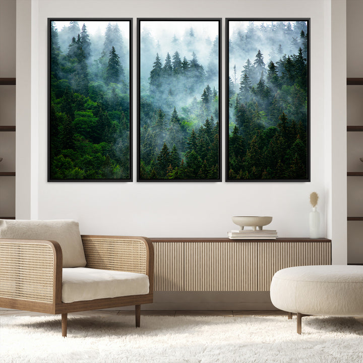 Misty Forest Art Wall Art Canvas Print, Foggy Mountain Art Print, Framed Scenic Wall Print Art Print, Large Woodland Canvas Printing Perfect for  Decor