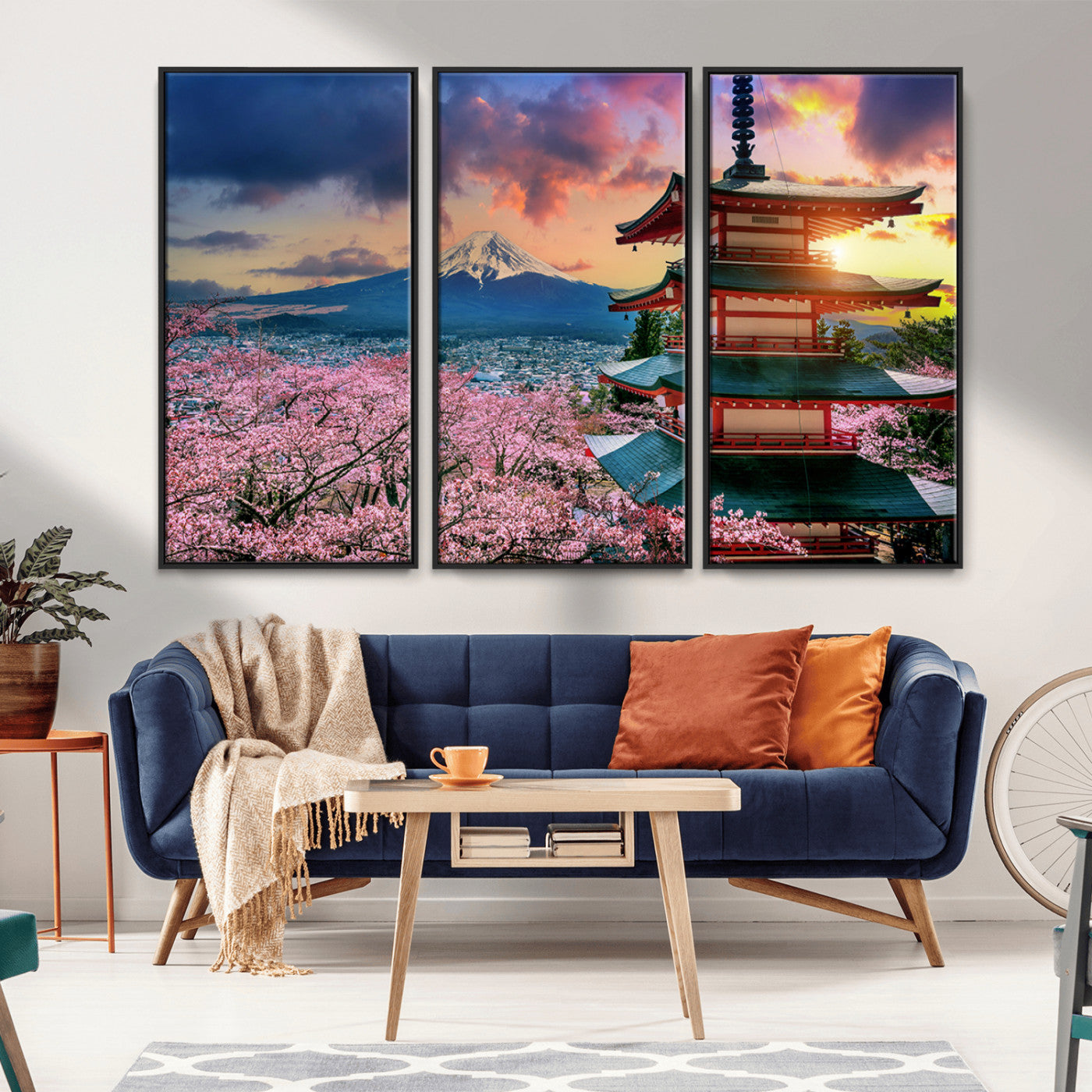 MGV-FC-48X32-3P - Mount Fuji & Cherry Blossom Wall Art Canvas Print – Iconic Japanese Landscape, Sakura Pagoda Sunset,