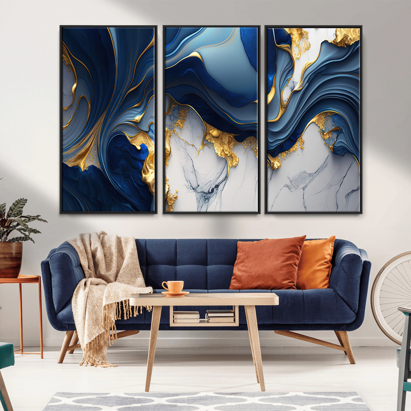 Canvas art with swirling blue marble and gold textures, ideal for elegant glam or modern luxury interior design settings.