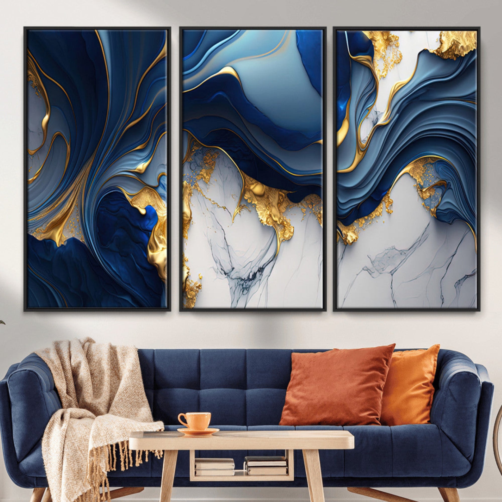 59970794-MGV-FC-48X32-3P_Black-Blue Marble Wall Art Canvas Print – Framed Gold Veins Abstract Flow Elegant Modern Artwork for Home, Office