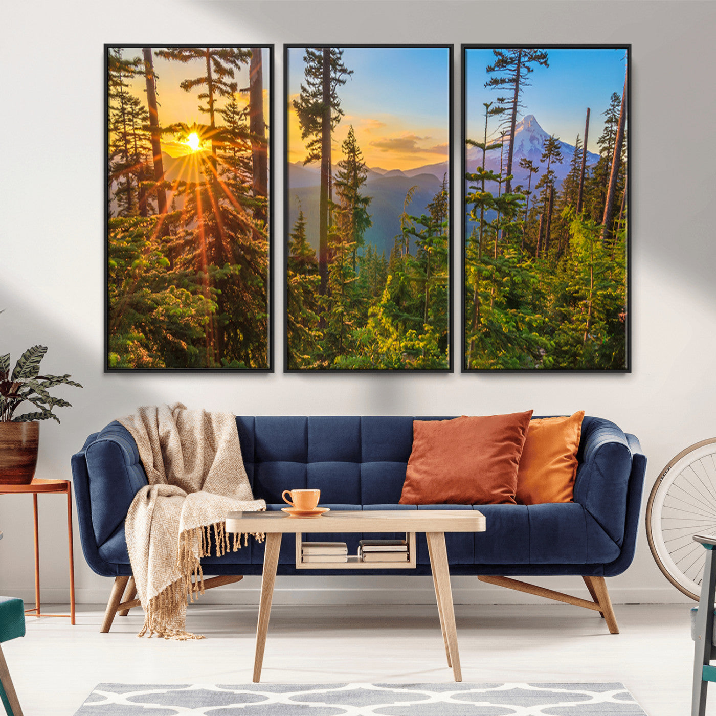 Colorful canvas of Mount Hood and Oregon forest at sunset, featuring sunburst light and lush pine trees for rustic nature decor.