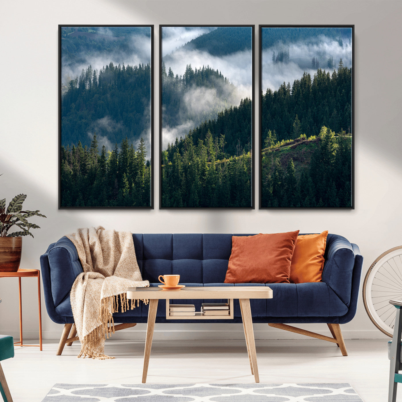 Moody canvas of misty pine forests over layered hills, perfect for cool-toned nature-inspired or woodland-style home decor.
