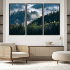 84598503-MGV-FC-48X32-3P-Misty Forest Wall Art Canvas Print, Framed Pine Hills Art Picture Print, Moody Hills Perfect Moody Woodland Decor Artwork