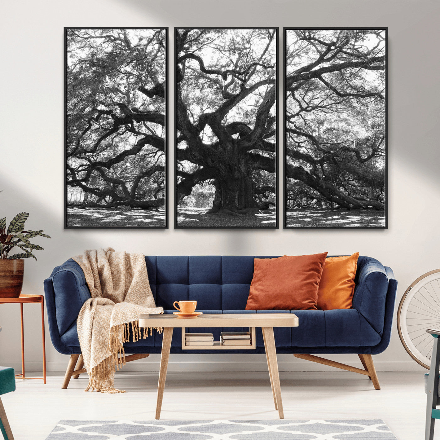Black and white canvas of an ancient oak tree with sprawling, twisted branches, ideal for moody nature-inspired or rustic decor.