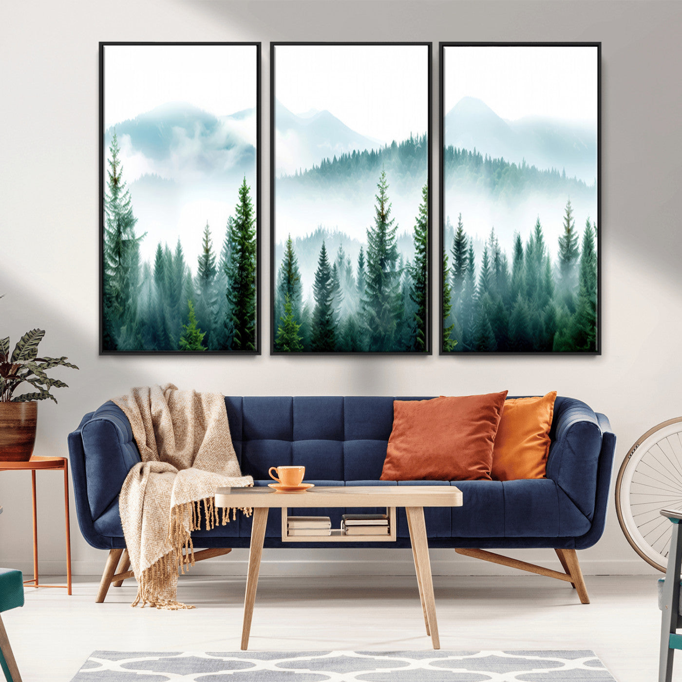 Canvas of pine forest and misty mountain layers in cool tones, perfect for moody forest or serene nature-inspired home decor.
