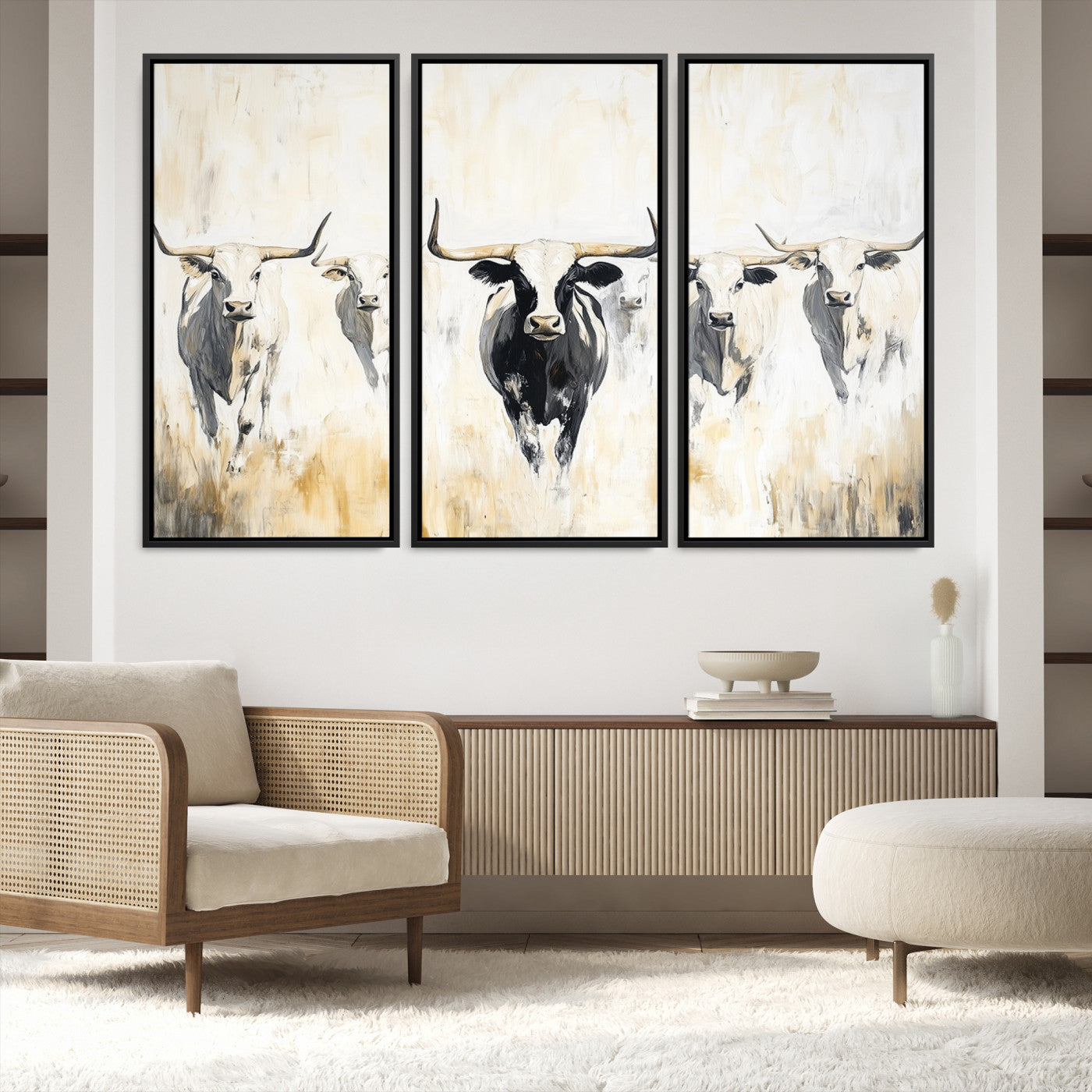 40397799-MGV-FC-48X32-3P-Texas Longhorn Canvas Print, Framed Rustic Herd Art Picture Print, Western Bull Perfect Neutral Western Decor