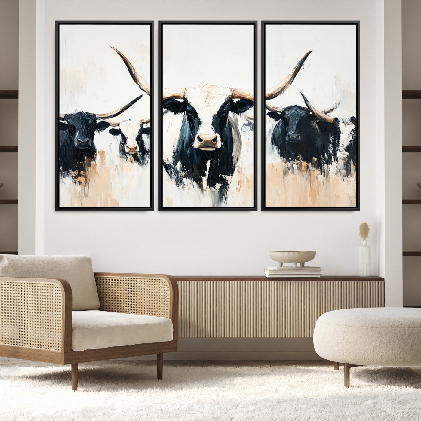 94780606-MGV-FC-48X32-3P-Texas Longhorn Wall Art Canvas Print, Framed Western Cattle Art Picture Print, Horned Bull Perfect Rustic Western Decor, Western Cattle