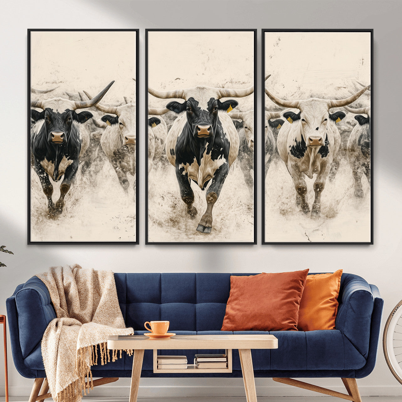 MGV-FC-48X32-3P - Cream Dust Longhorn Wall Art – Canvas Print of Western Herd Stampede, Dynamic Charge, Rustic Prairie Motion, Bold Nature Farm Decor