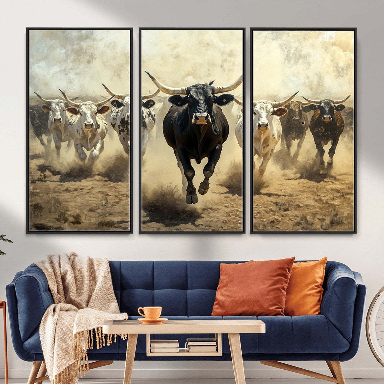 MGV-FC-48X32-3P - Running Cattle Wall Art – Canvas Print of Western Herd, Dust Stampede, Longhorns, Wild West Ranch, Bold Rustic Farm Decor for Home or Office