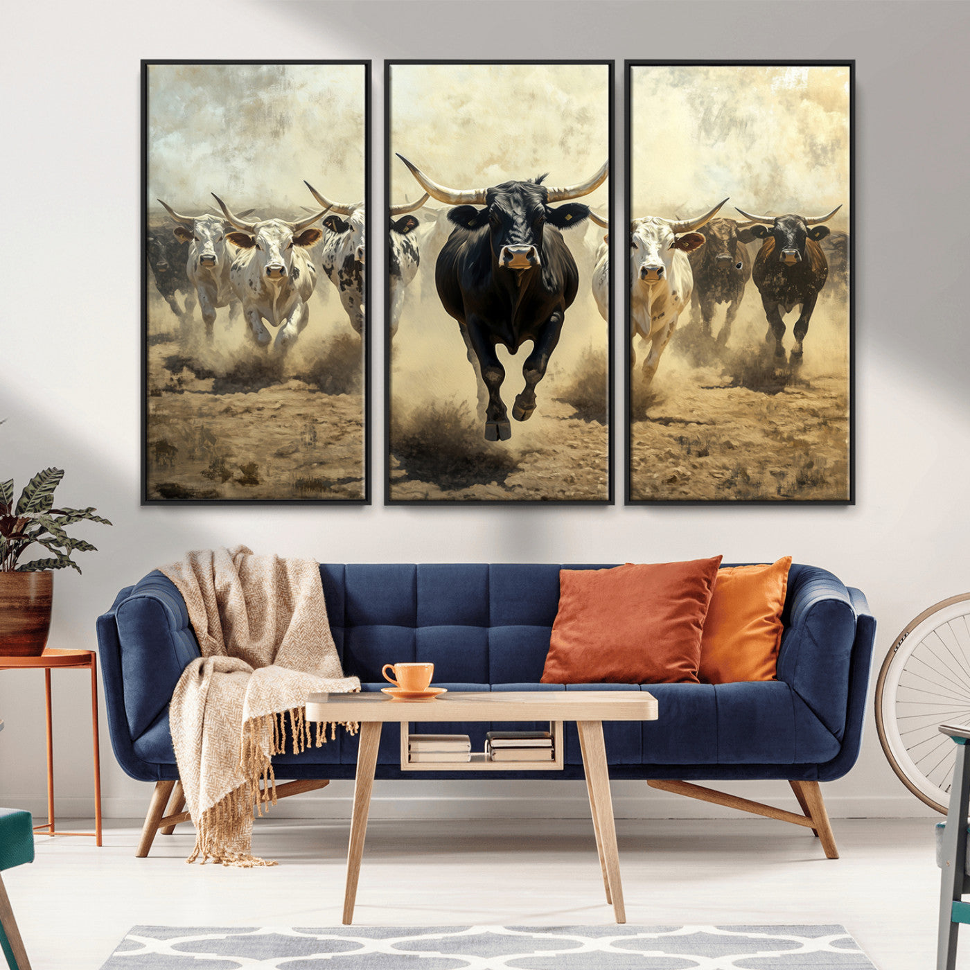 Dynamic canvas showing a Texas Longhorn stampede with earthy tones and bold movement, perfect for rustic or Western-style interiors.