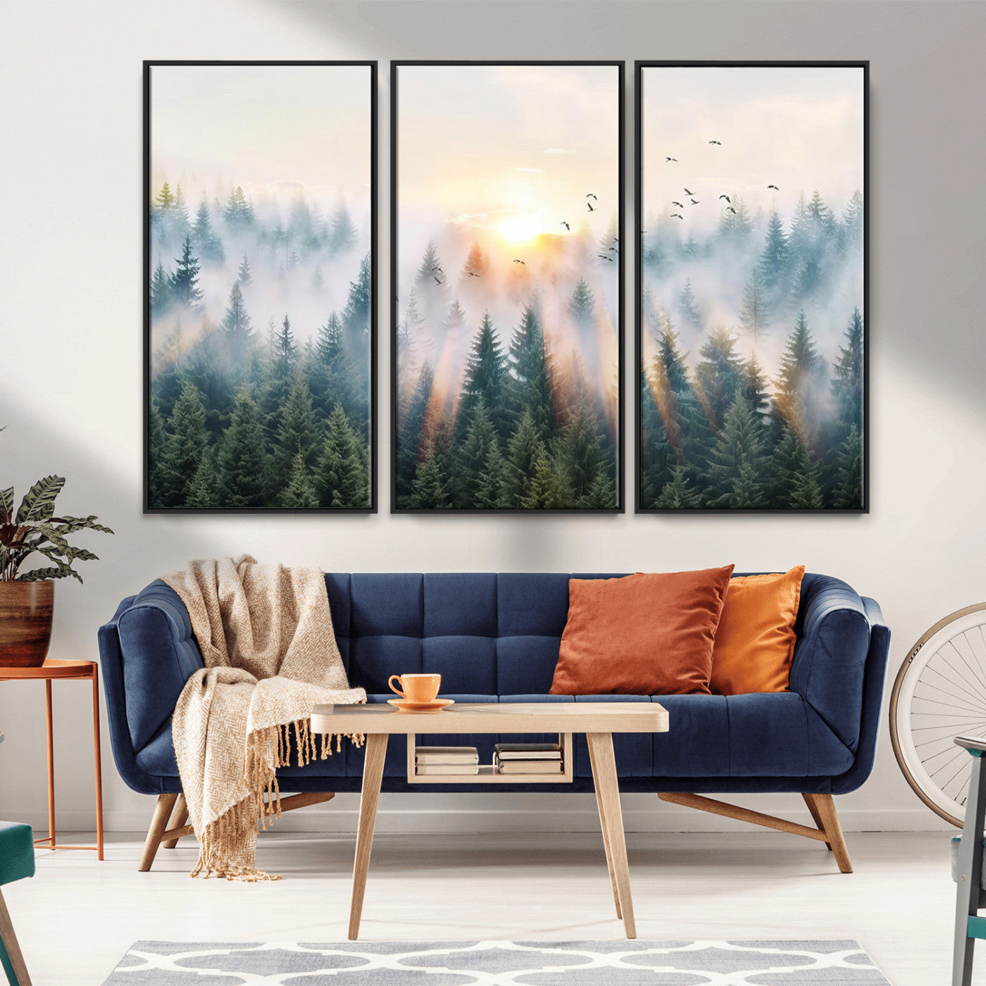 MGV-FC-48X32-3P - Misty Pine Forest Wall Art Canvas, Sunrise Over Foggy Trees Canvas for Home - Office, Framed