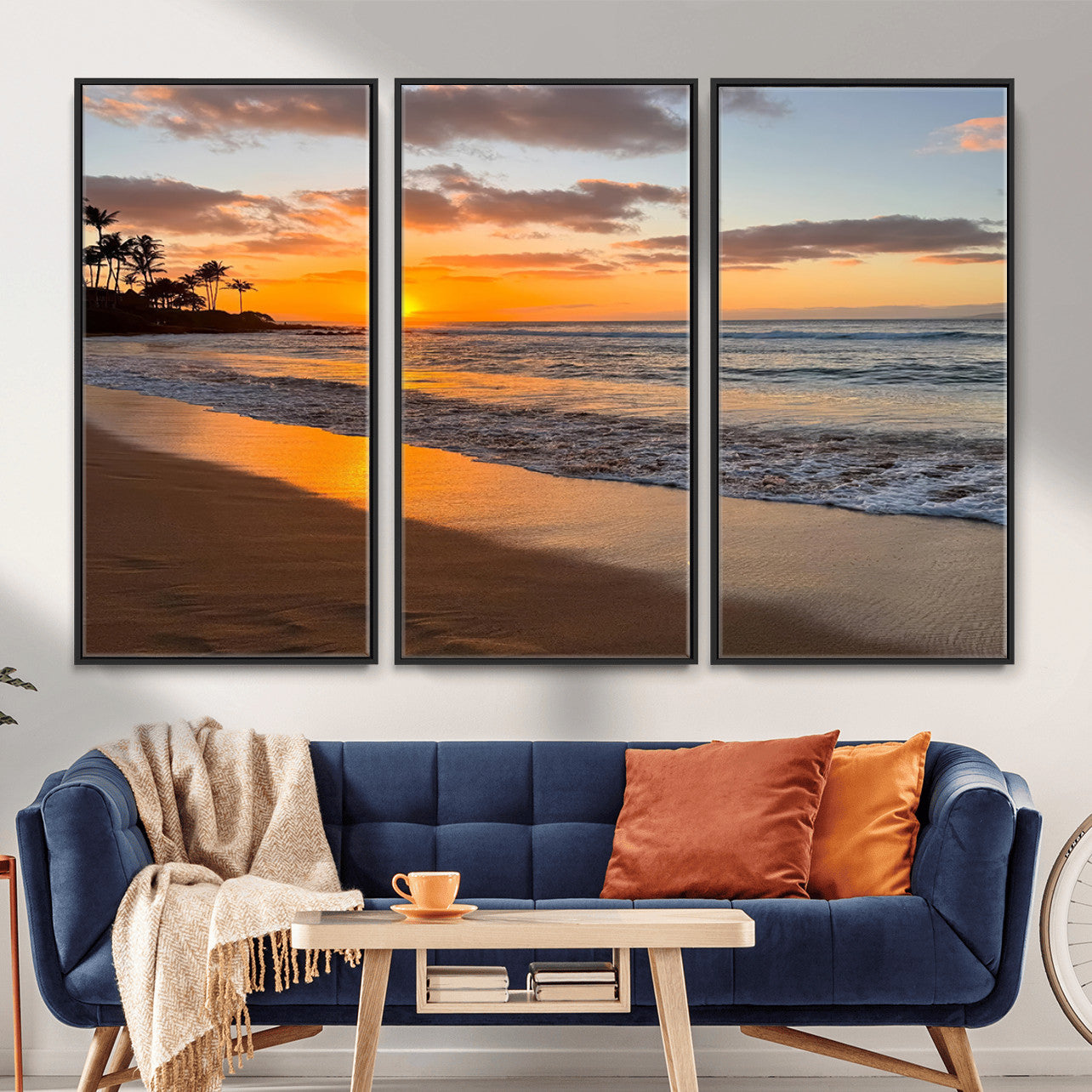 MGV-FC-48X32-3P - Sunset Glow Wall Art – Canvas Print of Ocean Breeze, Golden Sand, Tropical Palm Silhouettes, Tranquil Waves, Beach Nature Decor for Home