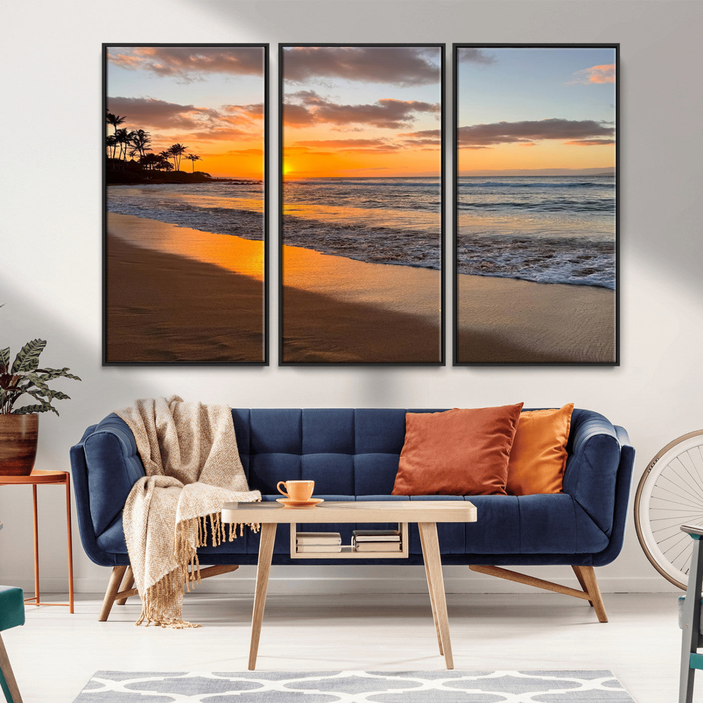 Canvas of a tropical beach at sunset with golden reflections and palm trees, perfect for vibrant coastal or island-style decor.