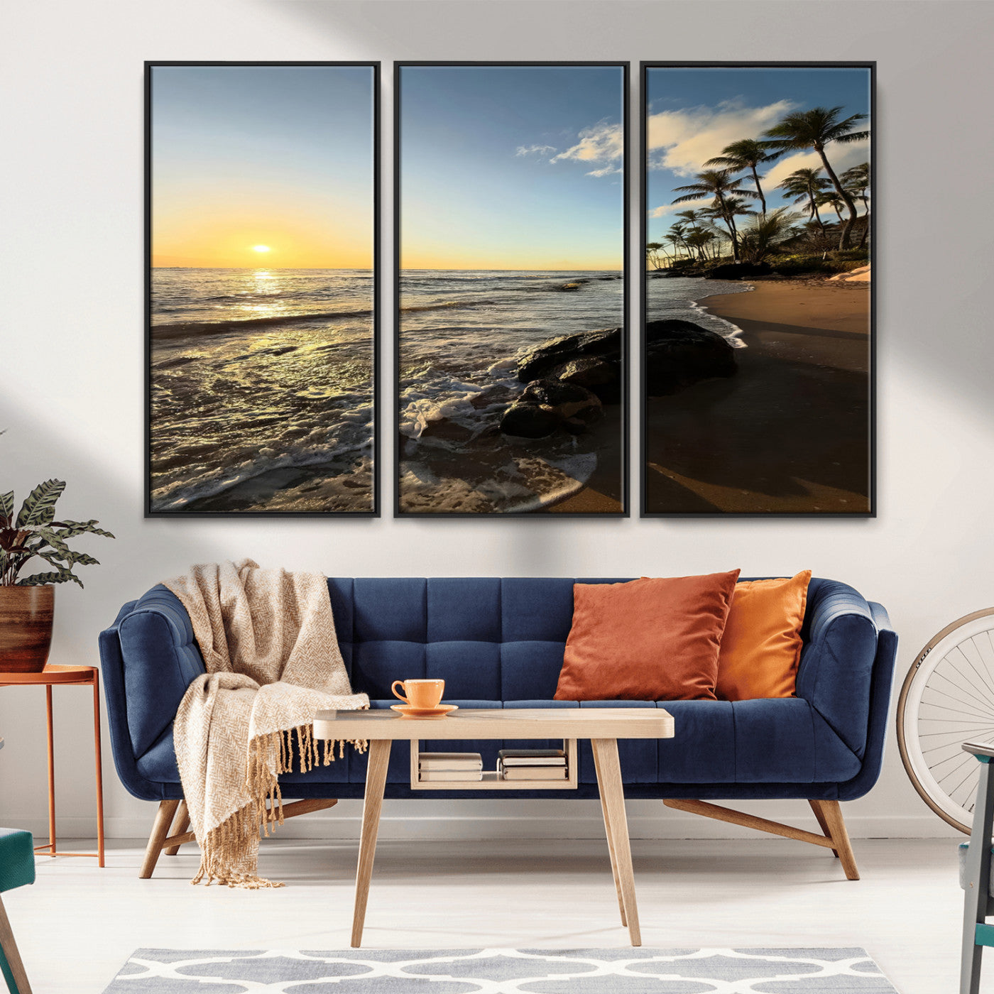 Canvas of a golden sunset on a tropical beach with palm trees and calm waves, perfect for coastal or island-themed home decor.