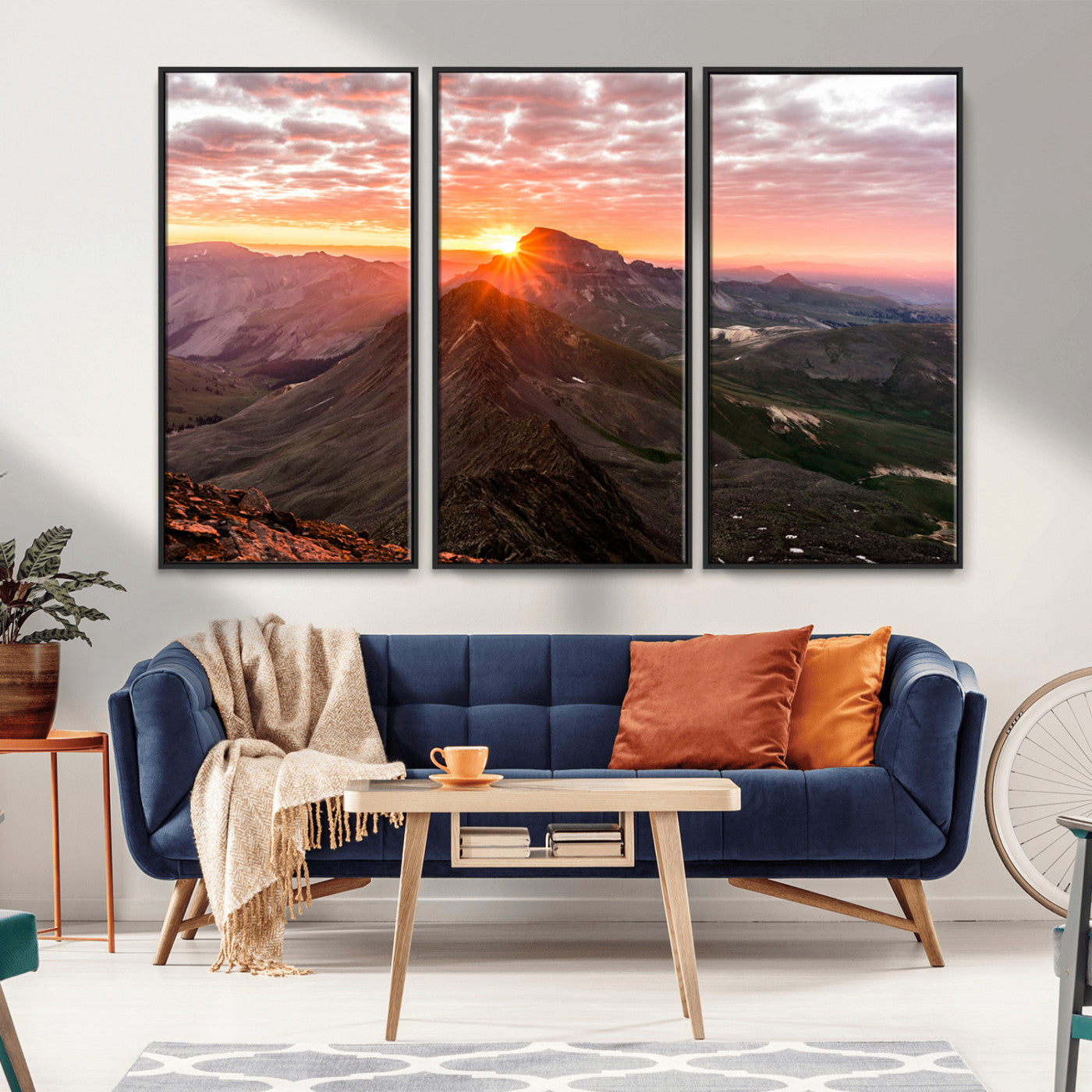 Canvas showing a mountain ridge at sunrise with golden light and dramatic clouds, perfect for nature or rustic-inspired wall decor.